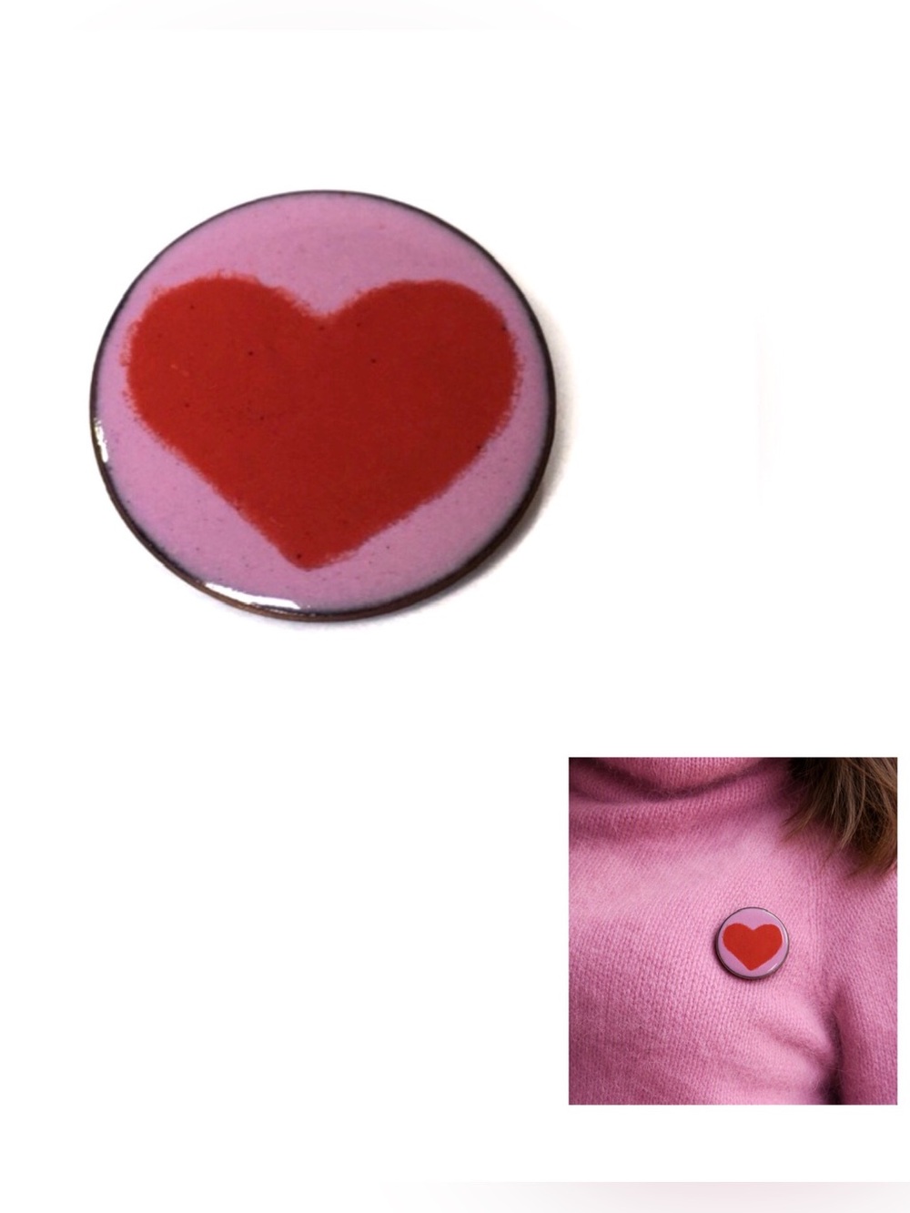 Vintage Enamel On Copper Pink Red Round Brooch Pin Heart 1.75” Diameter